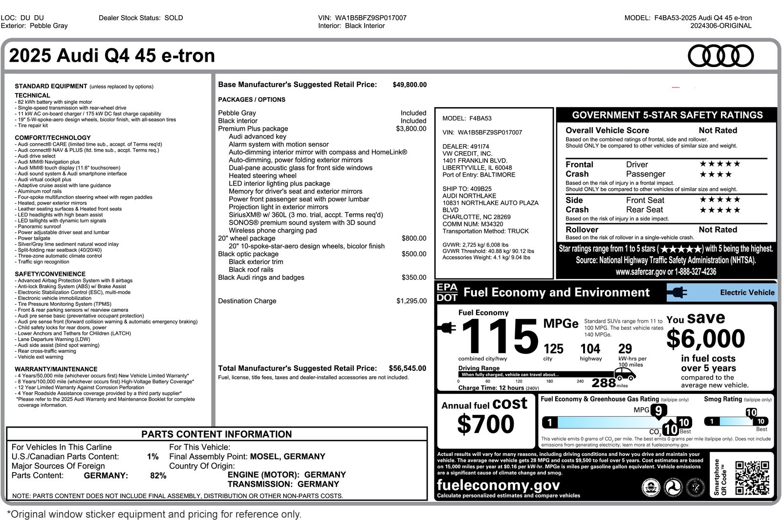 Used 2025 Audi Q4 e-tron Premium Plus with VIN WA1B5BFZ9SP017007 for sale in Walnut Creek, CA