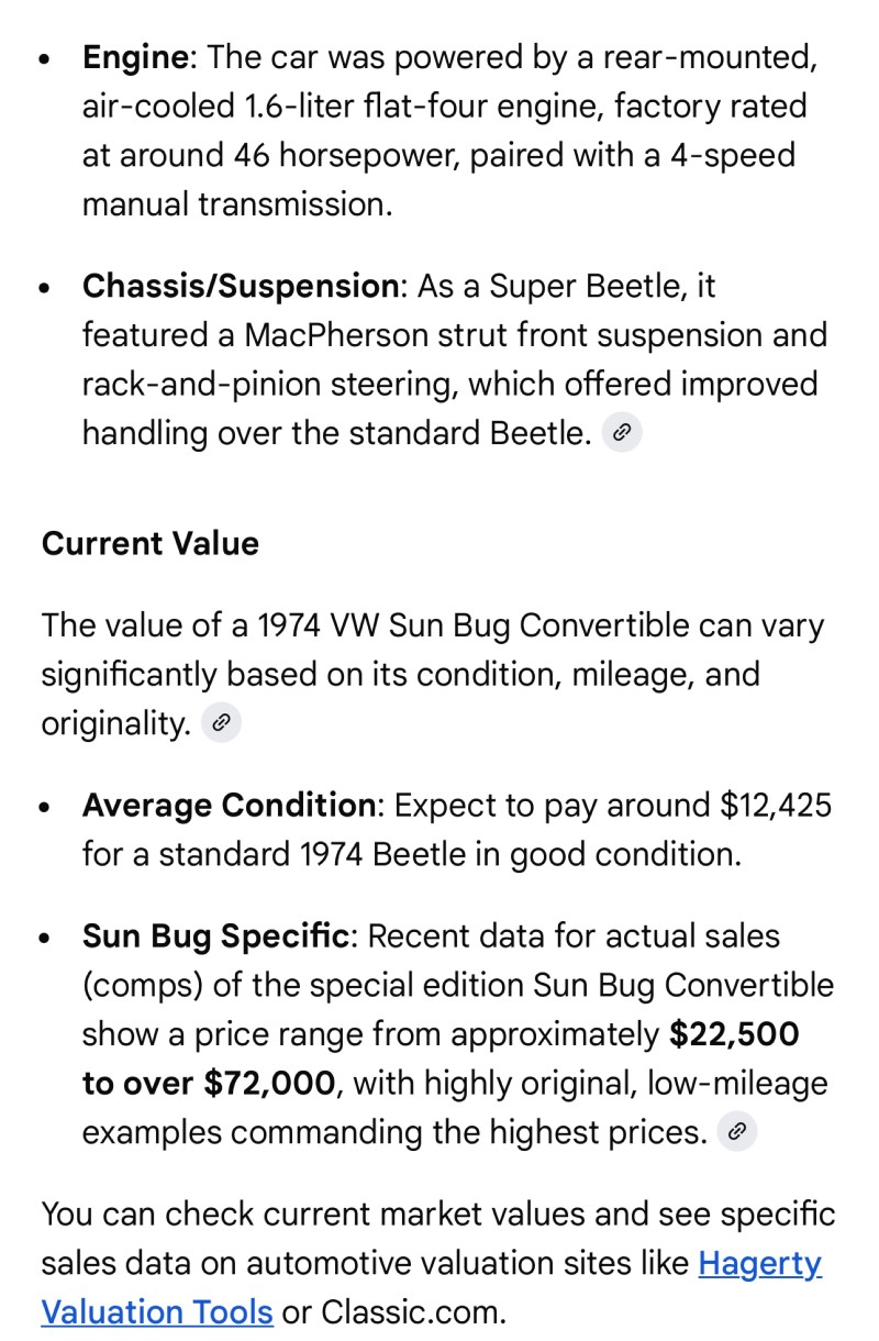 1974 Volkswagen SUN BUG Super Beetle Convertible in ,