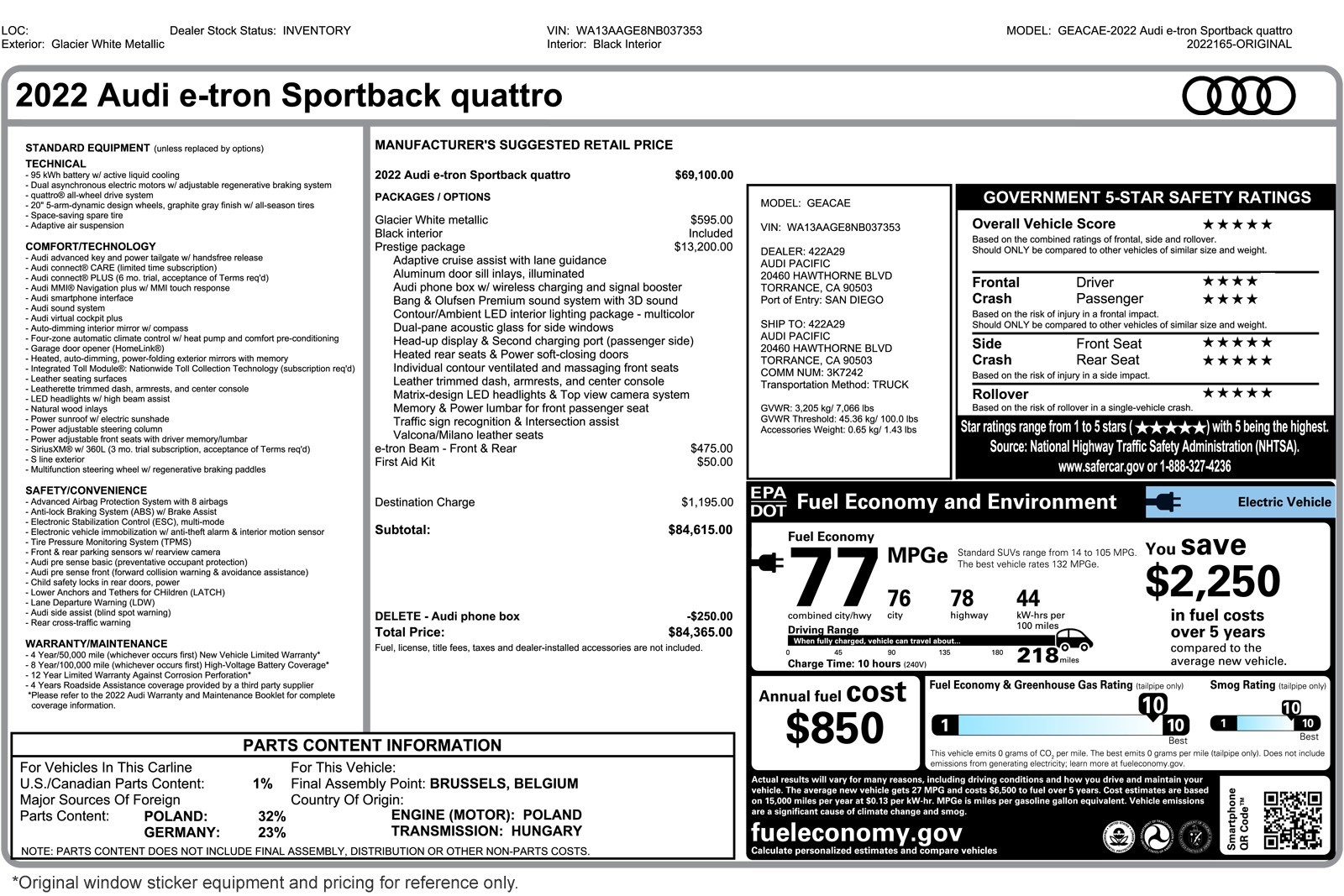 Used 2022 Audi e-tron Sportback Prestige with VIN WA13AAGE8NB037353 for sale in Walnut Creek, CA