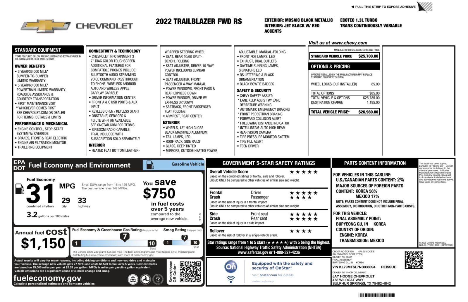 2022 Chevrolet Trailblazer RS Bluetooth AppleCarPlay LEDLightingPkg BlackOutPkg 61