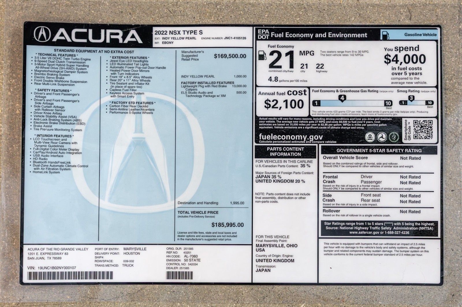 Used Car 2022 Acura Nsx  Type S For Sale Under $290,000 In Boerne, Texas