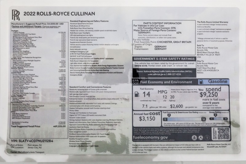 2022 Rolls-Royce Cullinan $469,000 MSRP  in , 