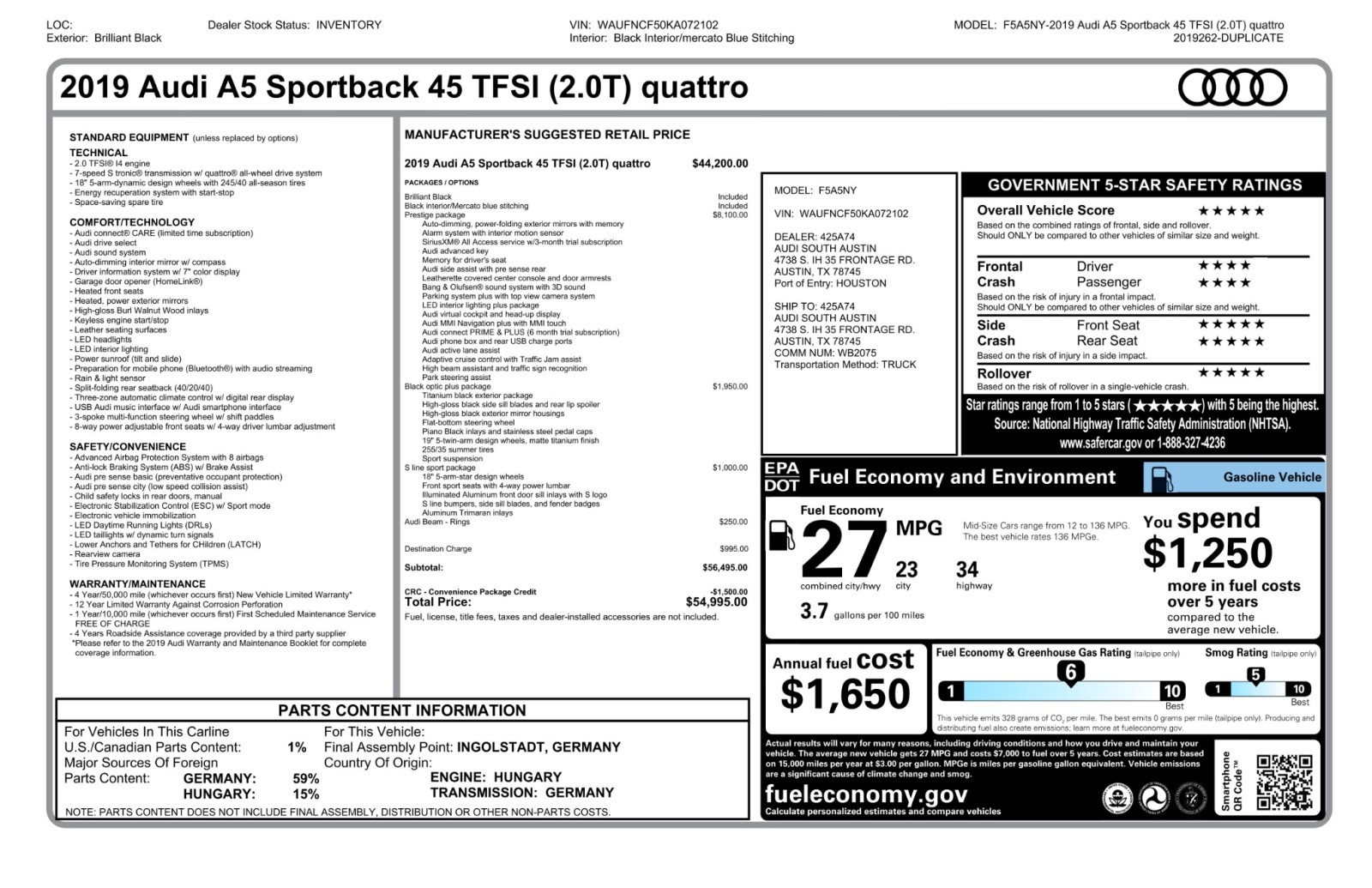 2019 Audi A5 Sportback Prestige quattro BlackOpticPlusPkg SLineSportPkg LEDLighting 65