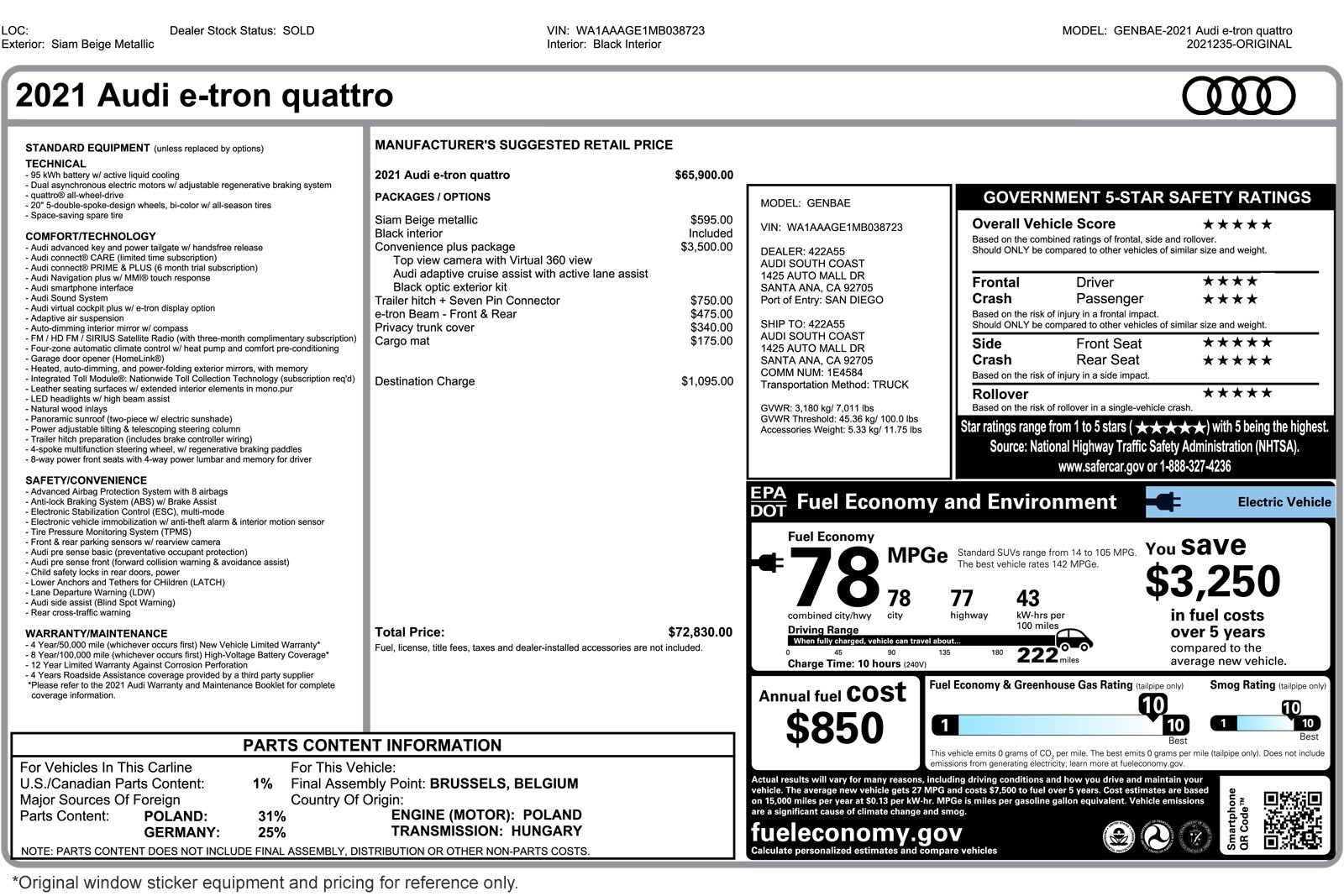 Used 2021 Audi e-tron Premium with VIN WA1AAAGE1MB038723 for sale in Walnut Creek, CA