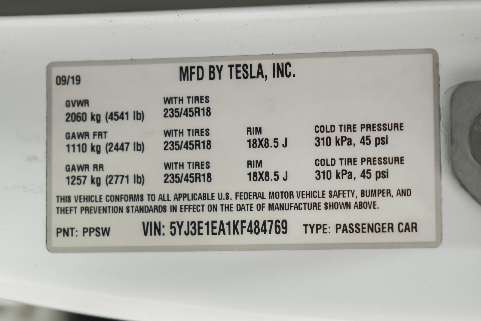 2019 Tesla Model 3 Standard Range Plus 70