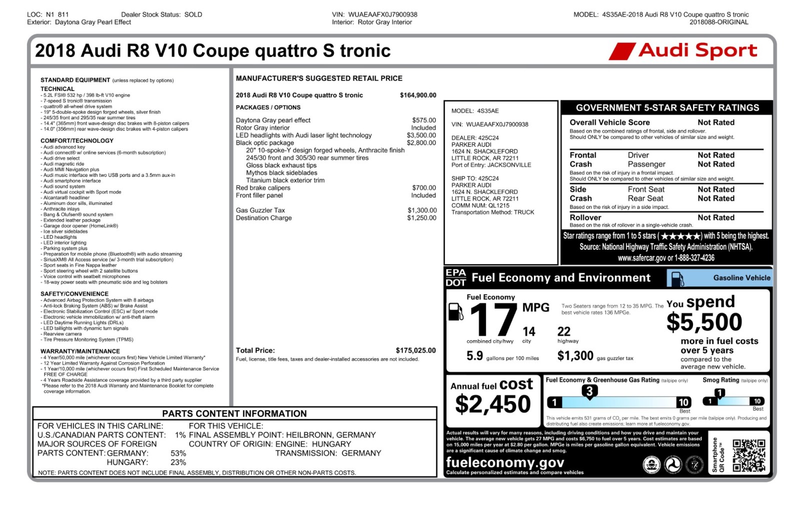 2018 Audi R8 Coupe V10 quattro AWD LEDLaserLights BlackOpticPkg RedCalipers 58