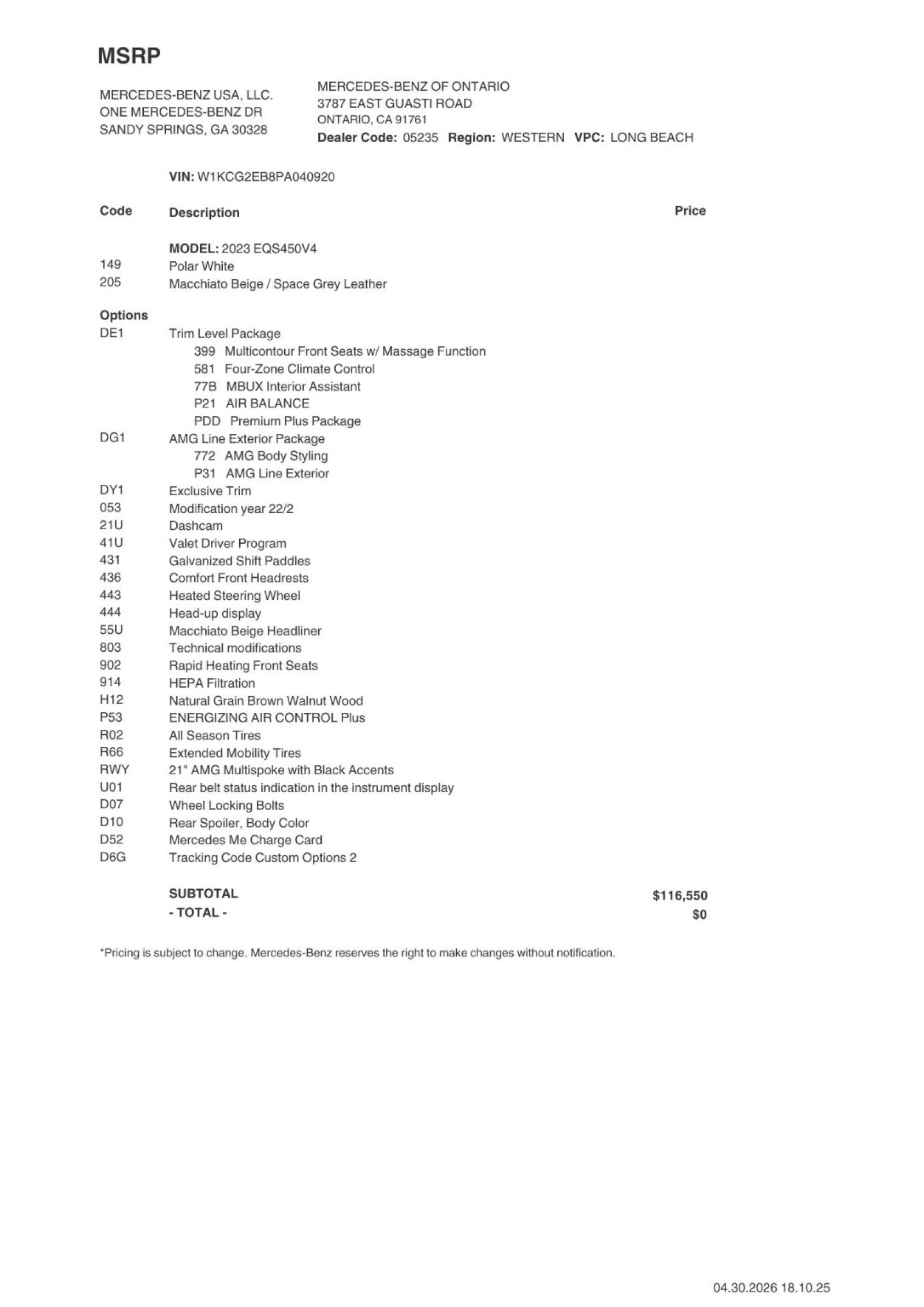 Certified 2023 Mercedes-Benz EQS Base with VIN W1KCG2EB8PA040920 for sale in Signal Hill, CA
