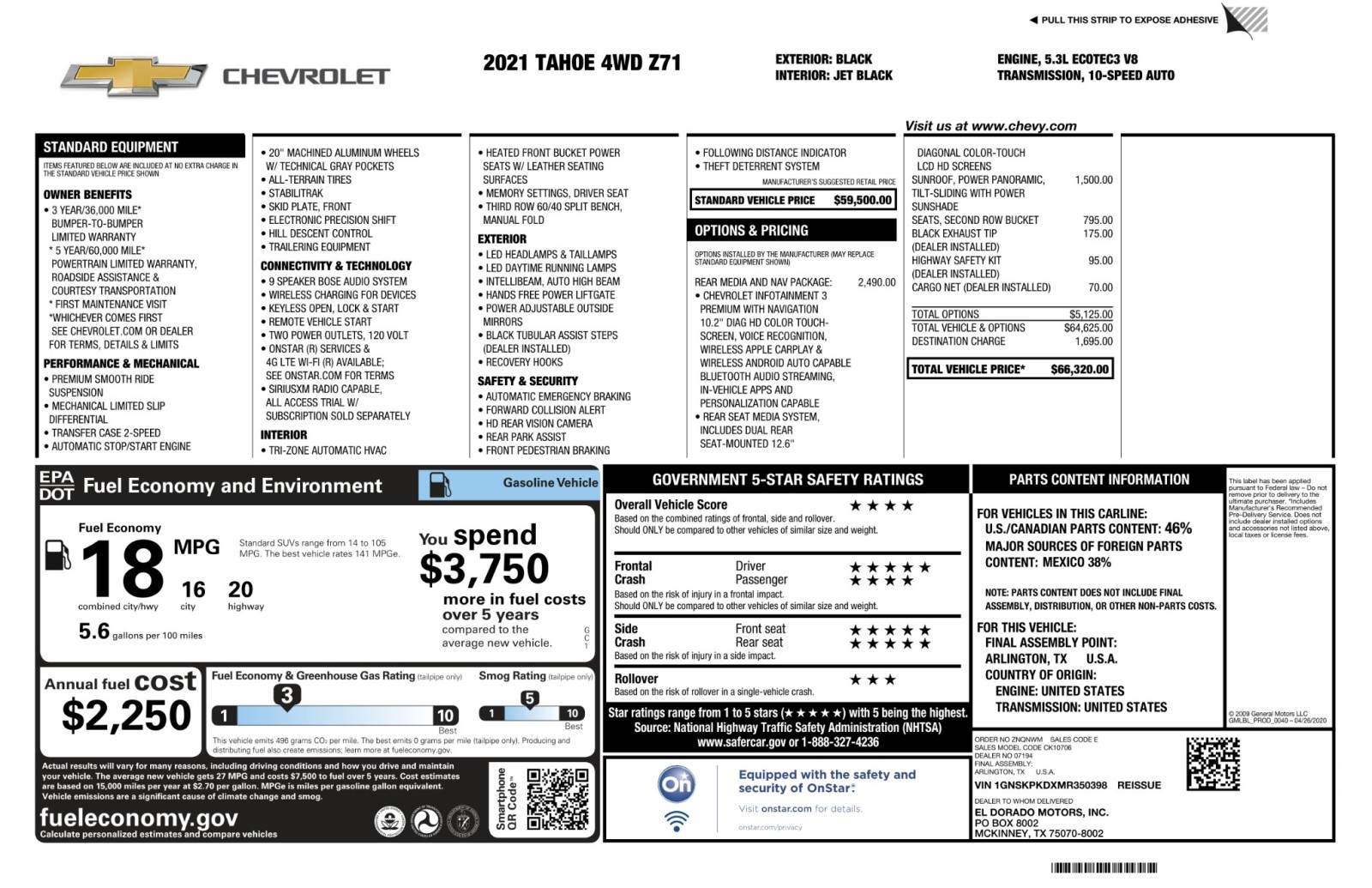 2021 Chevrolet Tahoe 4WD Z71MediaNavPkg PanoRoof BucketSeats 66