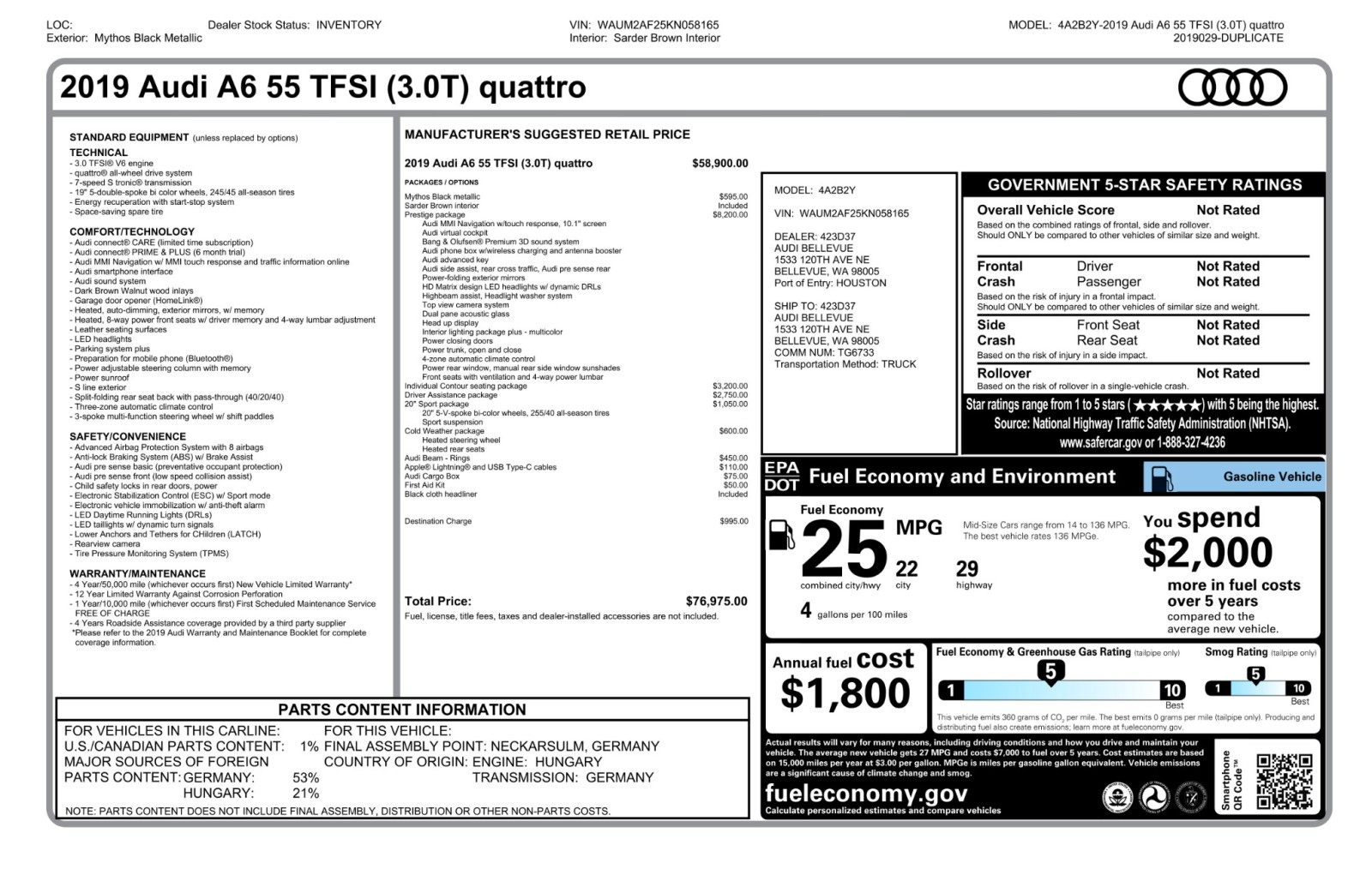 2019 Audi A6 Prestige quattro ContourSeating SportPkg 20Alloys ColdWthrPkg 75