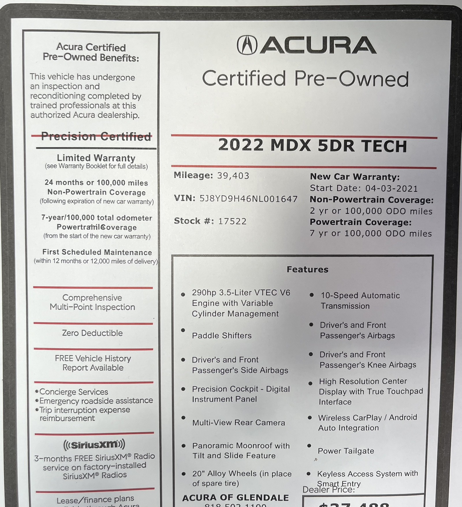 used 2022 Acura MDX car, priced at $37,488