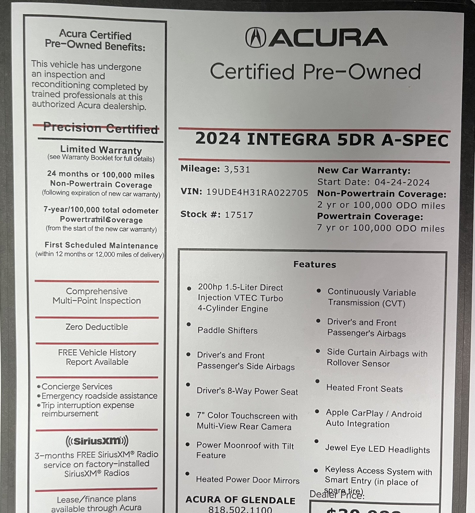 used 2024 Acura Integra car, priced at $30,988