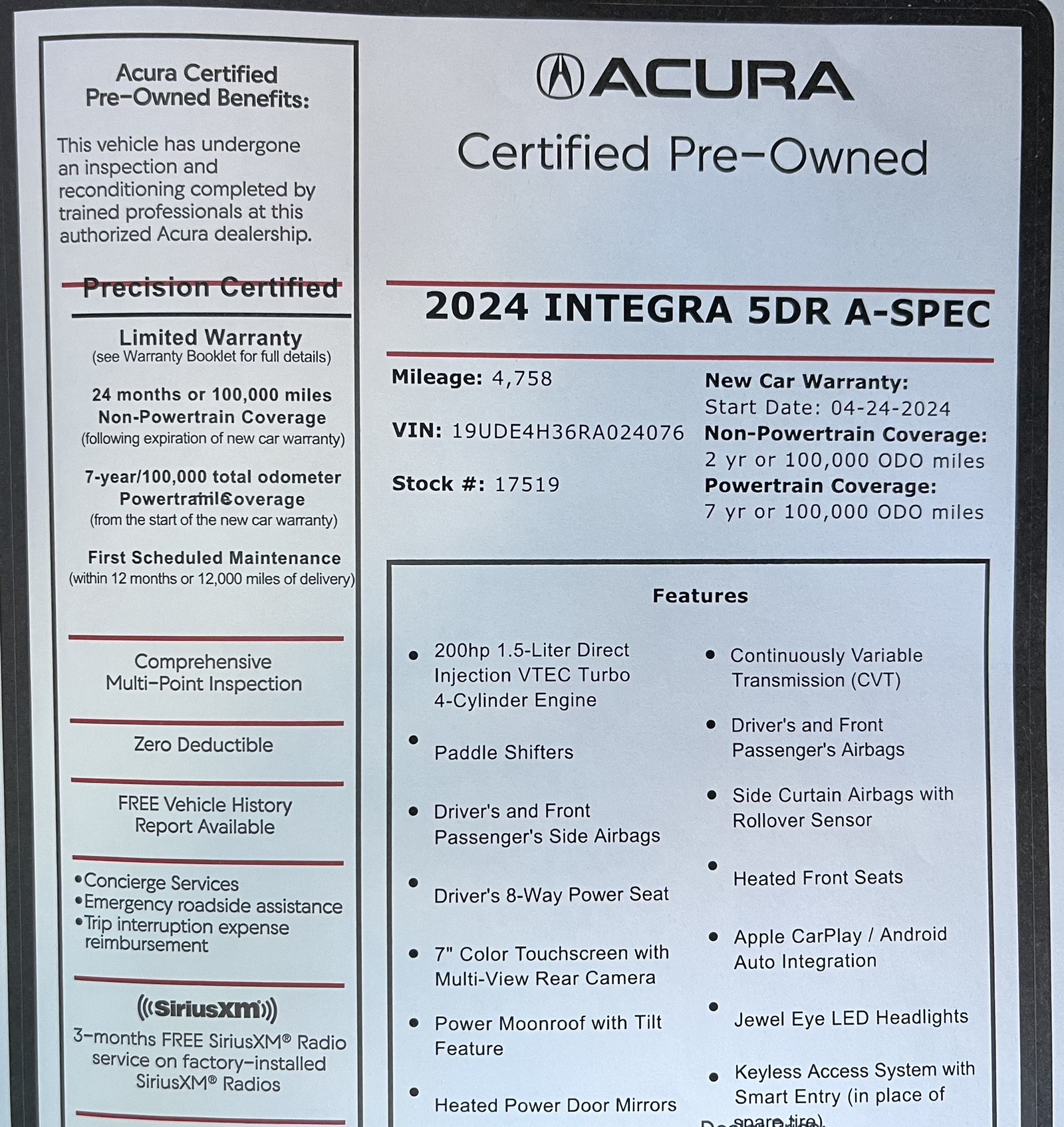 used 2024 Acura Integra car, priced at $30,988